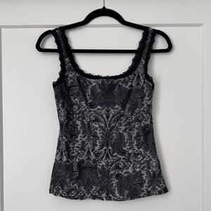 Floral Design Black and Silver Lace Trim Corset Top